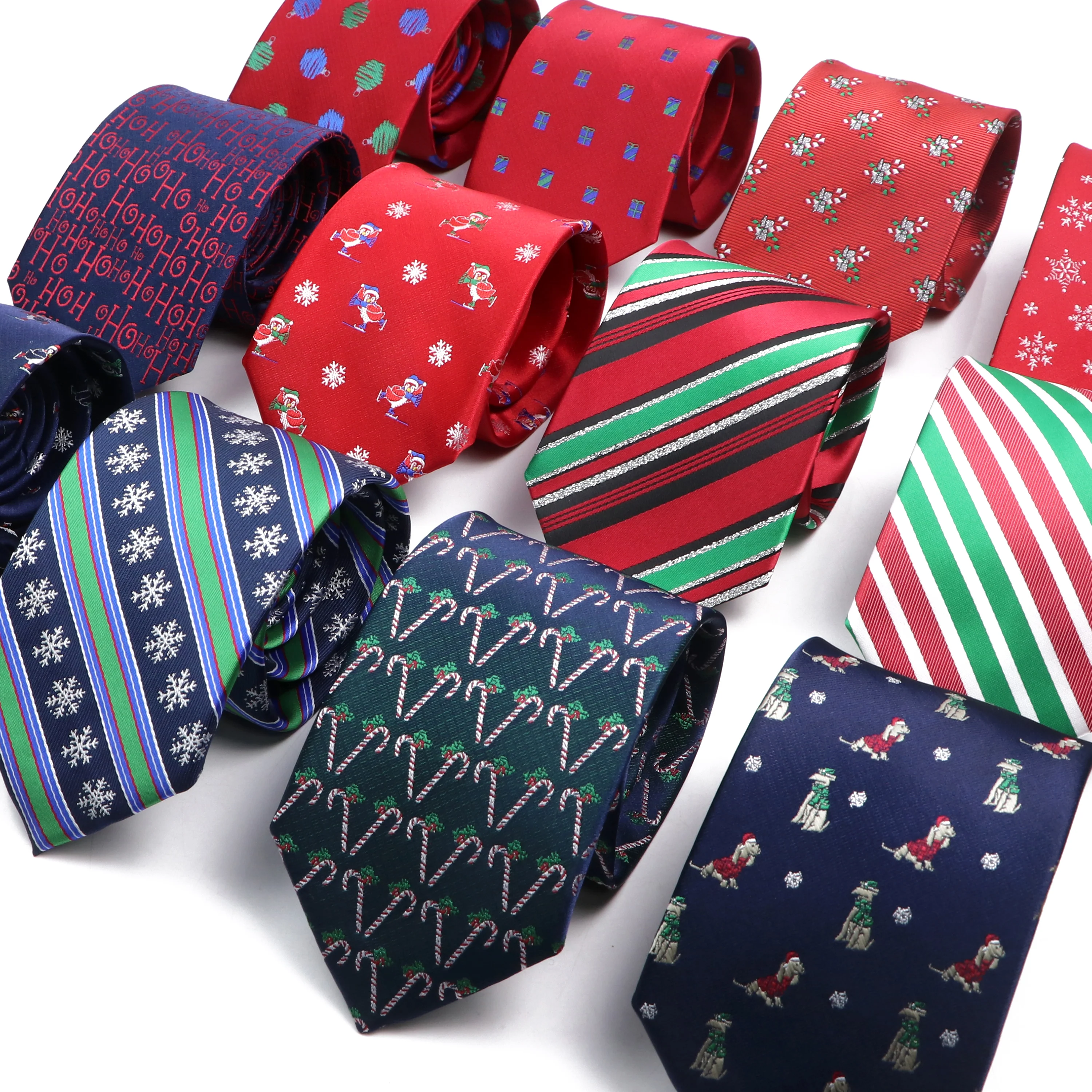 New Christmas Men Ties Red Blue Polyester Striped Snowflake Dog Candy Cane Necktie Festival Shirt Collar Cravat Accessories Gift