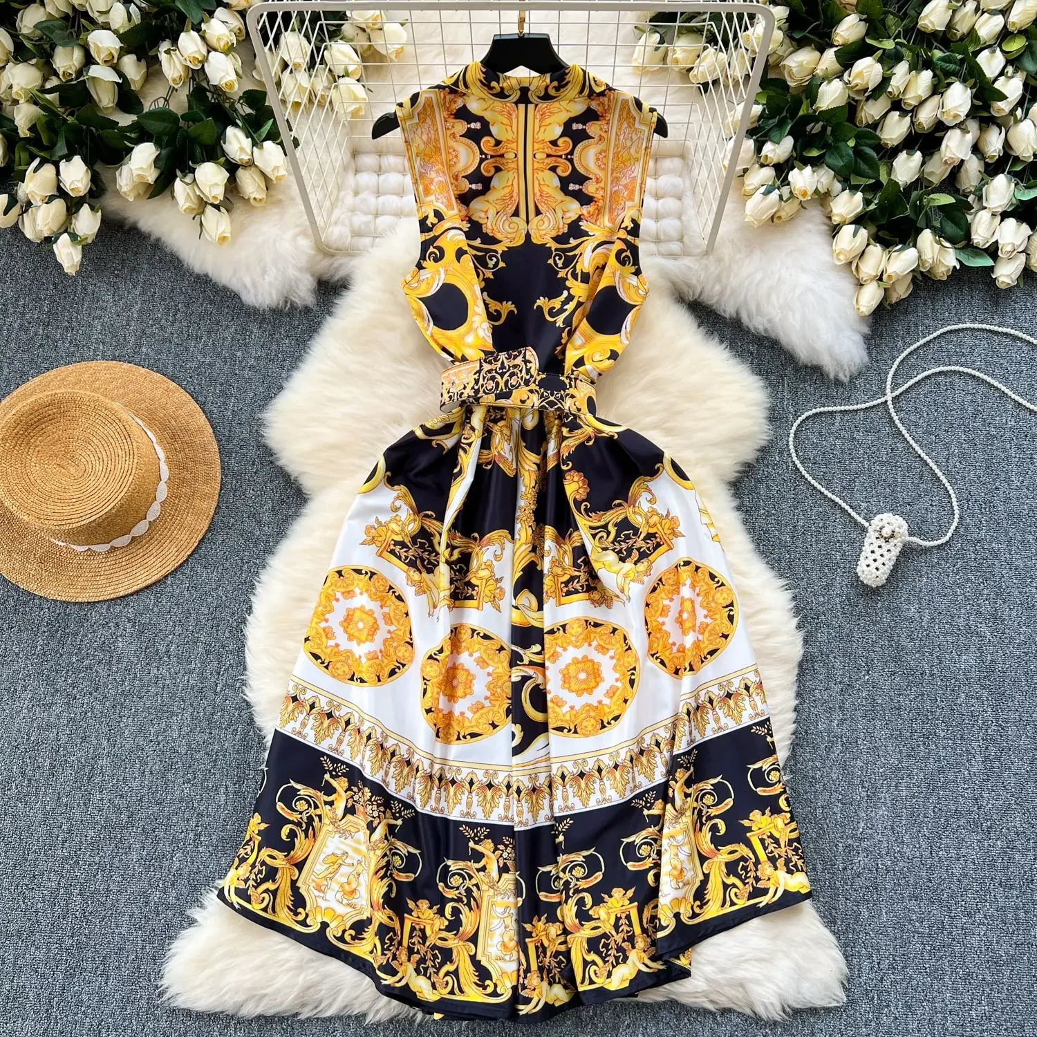 2024 New Fashion Summer Holiday Floral Midi Dress Shirt Women Sleeveless Tank Baroque Print Belt Long Vintage Party Vestidos