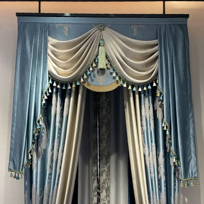 Light Blue Jacquard Splicing Thickened Curtains for Living Room Bedroom French Window Villa Customized Window Screen Finished