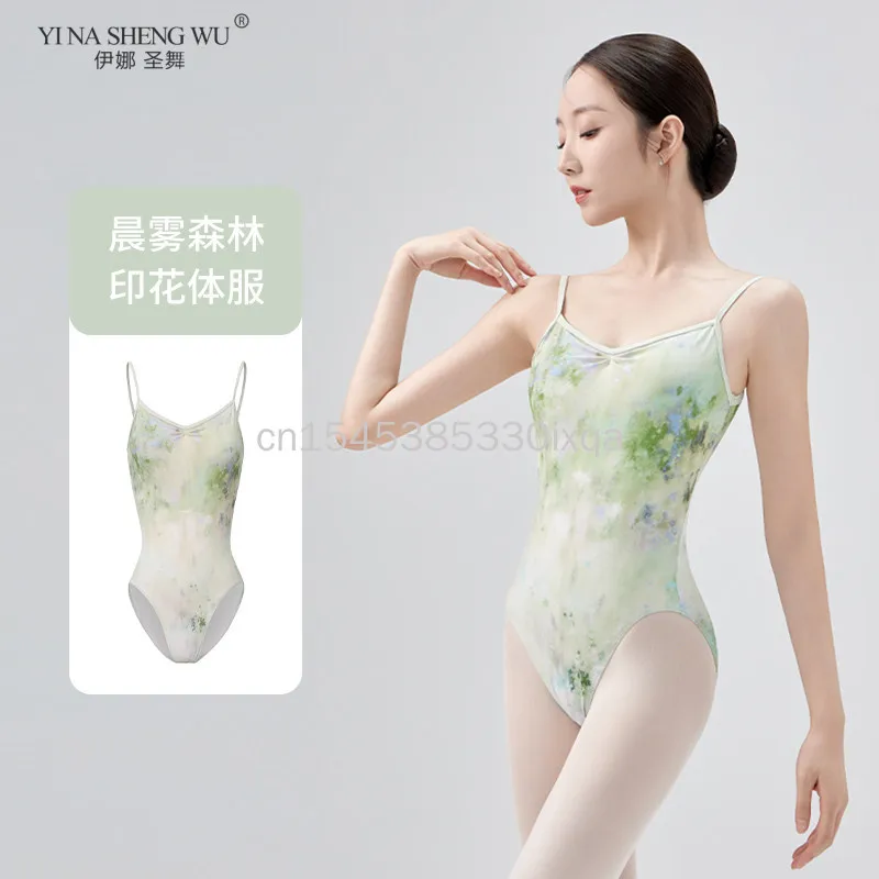 

Балетный трико для взрослых с зеленым принтом, танцевальная одежда для балерины, гимнастическое боди для девочек, одежда для воздушной йоги, сценический костюм балерины