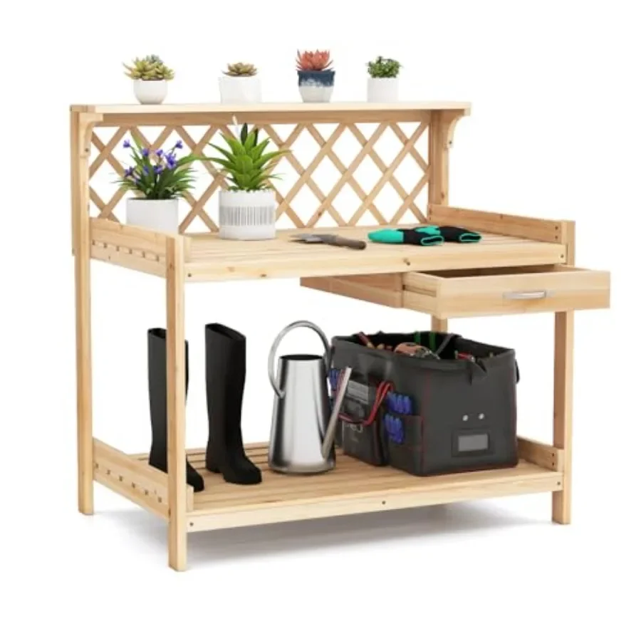 Potting Bench, Wood Potting Table with 3-Tier Shelves, 1 Drawer, Outdoor Wooden Workbench W/Lattice Trellis, Indoor Outdoor Pla