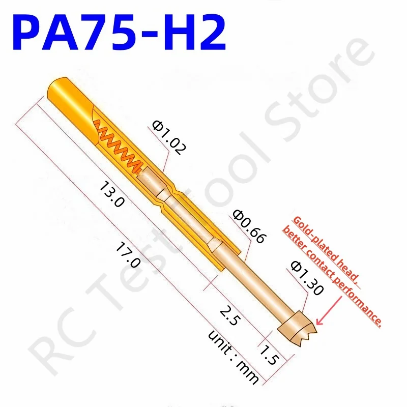 

100PCS PA75-H2 Spring Test Probe PA75-H Test Pin Test Tool 17.0mm Dia1.02mm Gold Needle Tip Dia 1.3mm Pogo Pin P75-H P75-H2