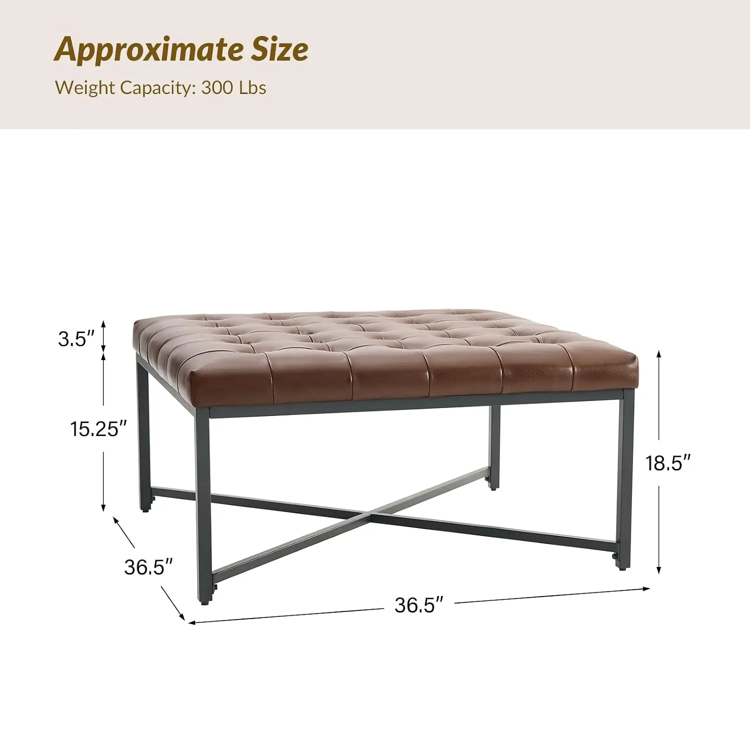 Upholstered Leather Ottoman Coffee Table with Padded Seat, Button Tufted Square Top, Black Metal Frame, Brown, Customized