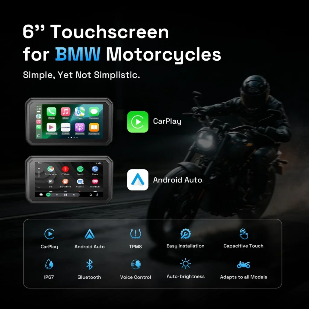 Aoocci S6A 6inch Wireless Motorcycle CarPlay & Android Auto for BMW R1300 GS R1250 GS,Quick Release Anti Theft Design,with TPMS