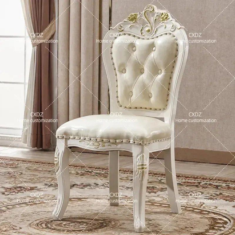 European Style Solid Wood Carved Dining Chair White Gold Painted Hotel Restaurant Chair Elegant Floral Design Wooden Seat for