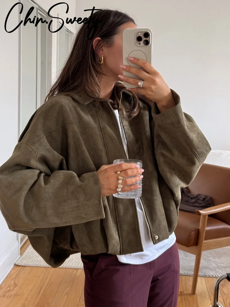 الرجعية سترات من جلد الغزال المرأة فضفاضة سستة التلبيب كم طويل جيب مطاطا هيم معطف قصير 2025 الخريف شيك شارع العليا أبلى سيدة