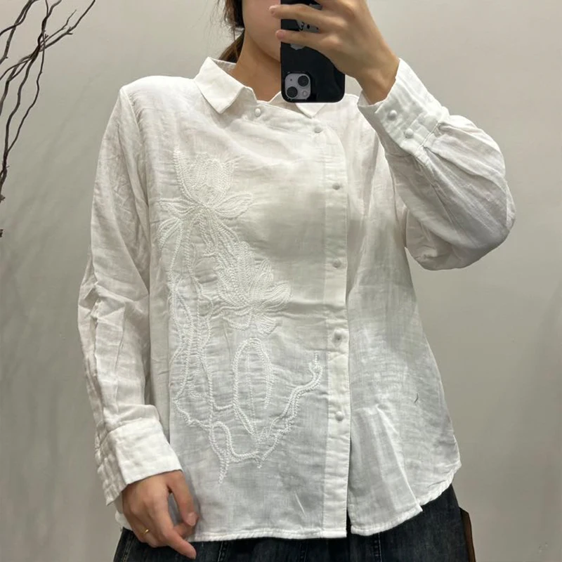 中国風デザインの刺繍入りシャツ レディースファッション ゆったりカジュアルトップス ヴィンテージ風エレガントなコットンリネンブラウス