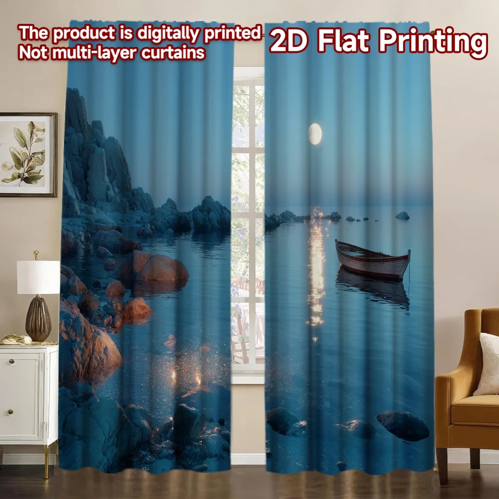 2D FLAT PRINTING 2pcs Curtains (Without Rod) Moonlit Ocean Scene Chic Curtains&Drapes Fabric Curtains Easter Egg Hunt Use for