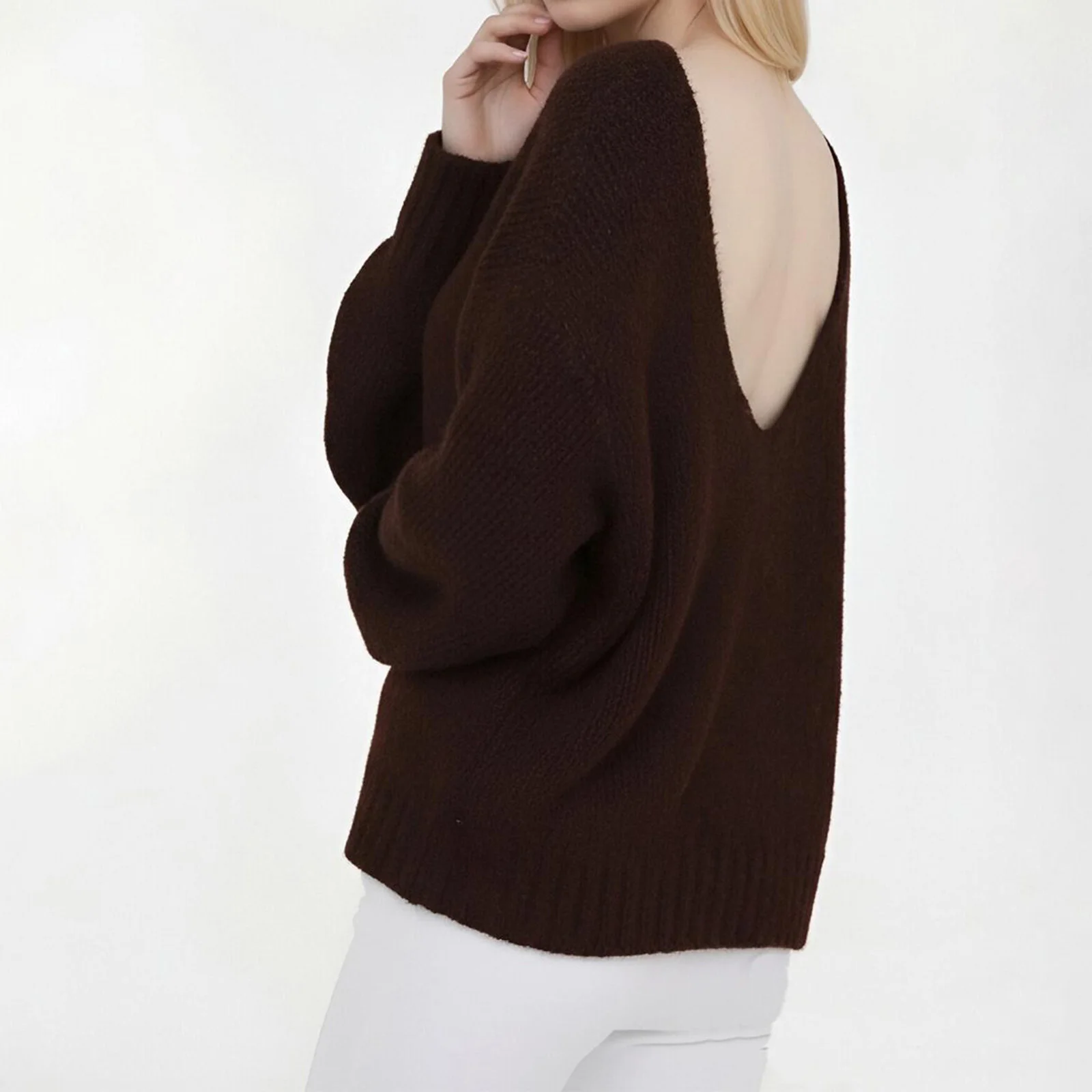 Pull à épaules dénudées pour femmes, coupe ample, décontracté, élégant, solide, garniture côtelée, dos nu, col bateau, manches longues, hauts en tricot