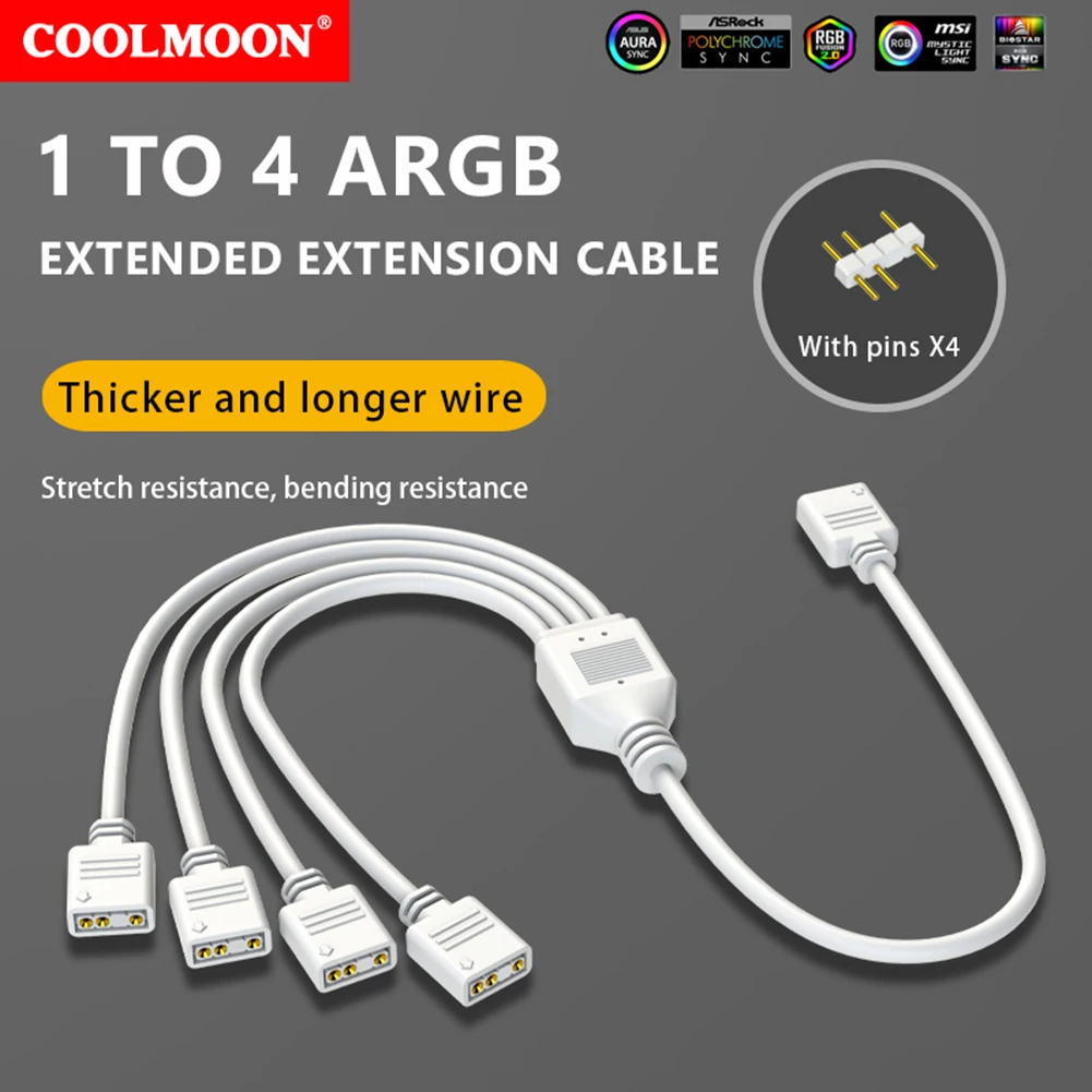 ARGB Splitter 5V 3PIN Connector 1 To 2/3/4 Chassis Fan Splitter Synchronization 30cm Tensile Resistant for PC Light Strip Fans