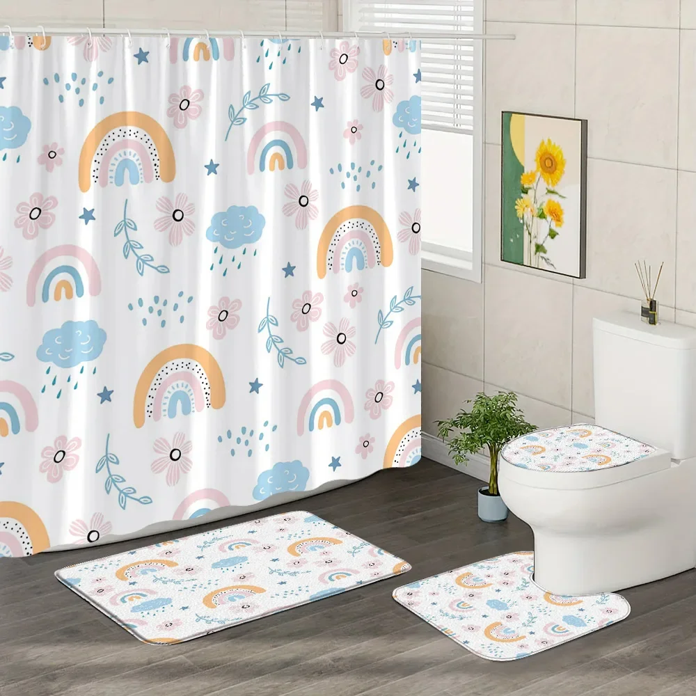 Rainbow Love Bathroom Decorative Set of Shower Curtain and Rug Bohemian Print Shower Curtains with Hooks Bath Mat Toilet Mat Set