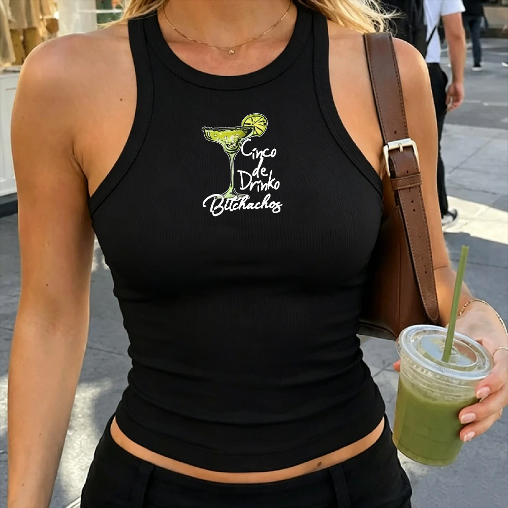 Y2k Top Cinco De Drinko Margarita Camisole Ribbed Tank Top Crop Women Cropped Mexican Fiesta Slim Summer Casual Basic Tank Vest
