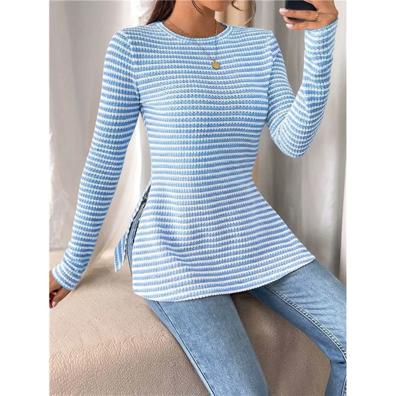 Women's Striped Long Sleeve T Shirt Crew Neck Slit Hem Slim Fit Tee Tops