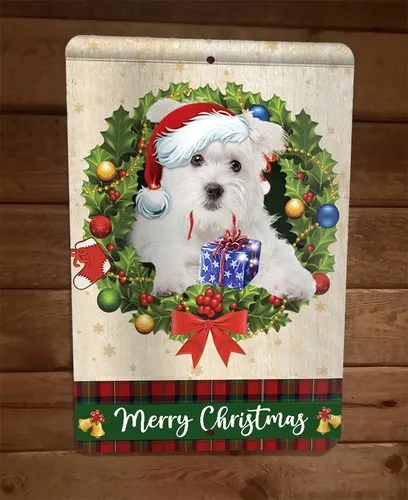 Merry Christmas Maltese Dog Xmas  Metal Wall Sign Animal Poster #3