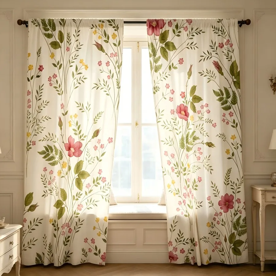 2PCS Digital Print  Curtain, Pink Yellow Wildflowers, Rustic Farmhouse Window Treatment Drape for Bedroom Kitchen Decor