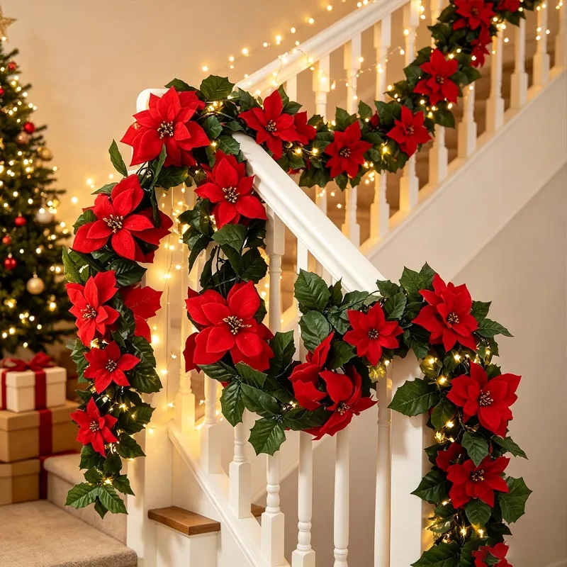 175cm Christmas Poinsettia Flower Garland Vine Red Green Silk Leaf String for Holiday Table Centerpiece Mantel Decoration