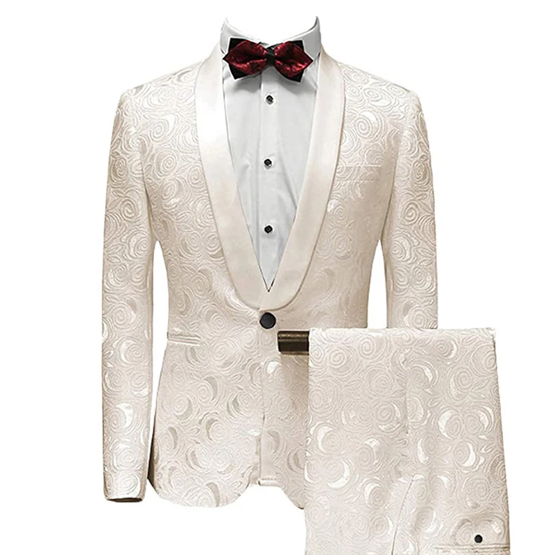 

2023 New Ivory White Men Suits Groom Wedding Two Piece Set Formal Male Blazer Shawl Lapel Jacquard Tuxedo Slim Fit Jacket Pants