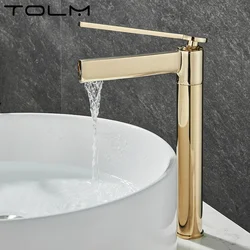 TOLM-grifos de lavabo montados en cubierta, grifo de baño de latón, mezclador de agua fría y caliente de un solo mango