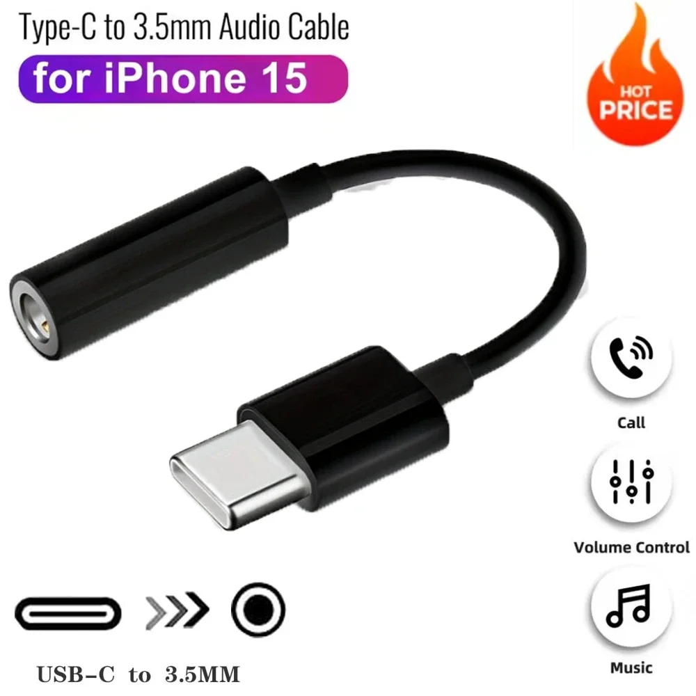 USB-C to 3.5mm Audio Headphone Adapter，USB C to Aux Audio Dongle Cable Earphone Jack Converter for i phone 15 16 Galaxy