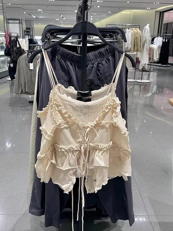 

Sweet Pure Desire Summer New Women's Knitted V-ne Strapl Top with Lace Trim ort Length Faionable Casual Wear