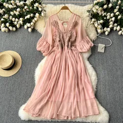 Vintage Elegant puff Sleeve V-neck lace PATCHWORK mesh Dress French Fashion Casual Vestidos Basic Summer Sweet Dresses