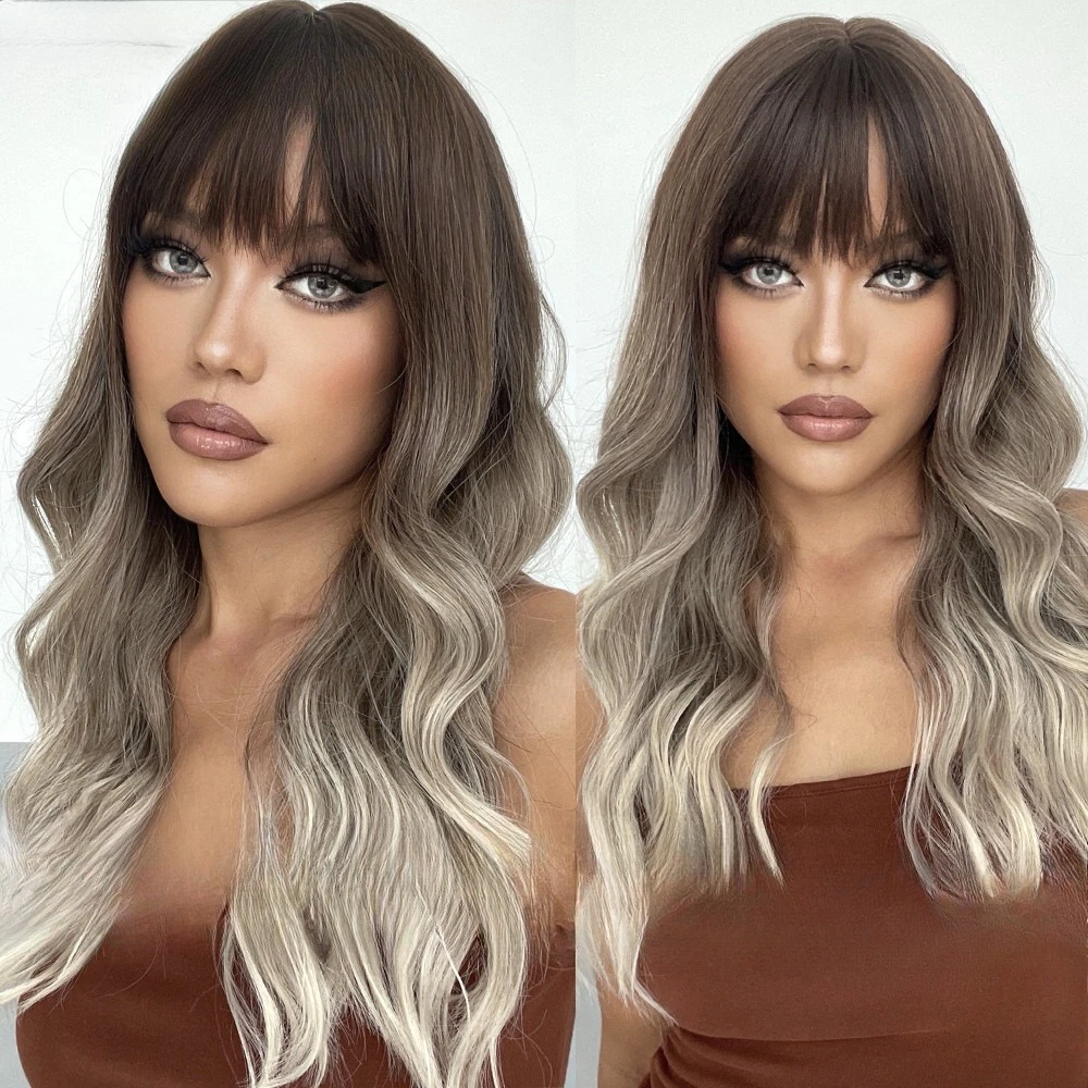 

Hot-selling air bangs big waves long curly hair gradual change brown black brown multi-color European and American wig women