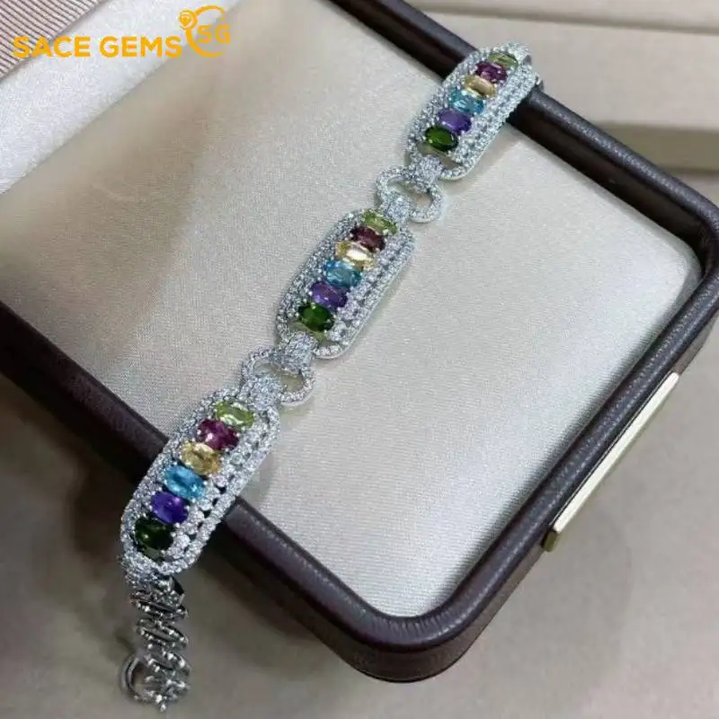 

SACE GEMS New 925 Sterling Silver 2*3.5MM Natual Garnet Topaz Citrine Peridot Amethyst Gemstone Bracelrts for Women Fine Jewelry