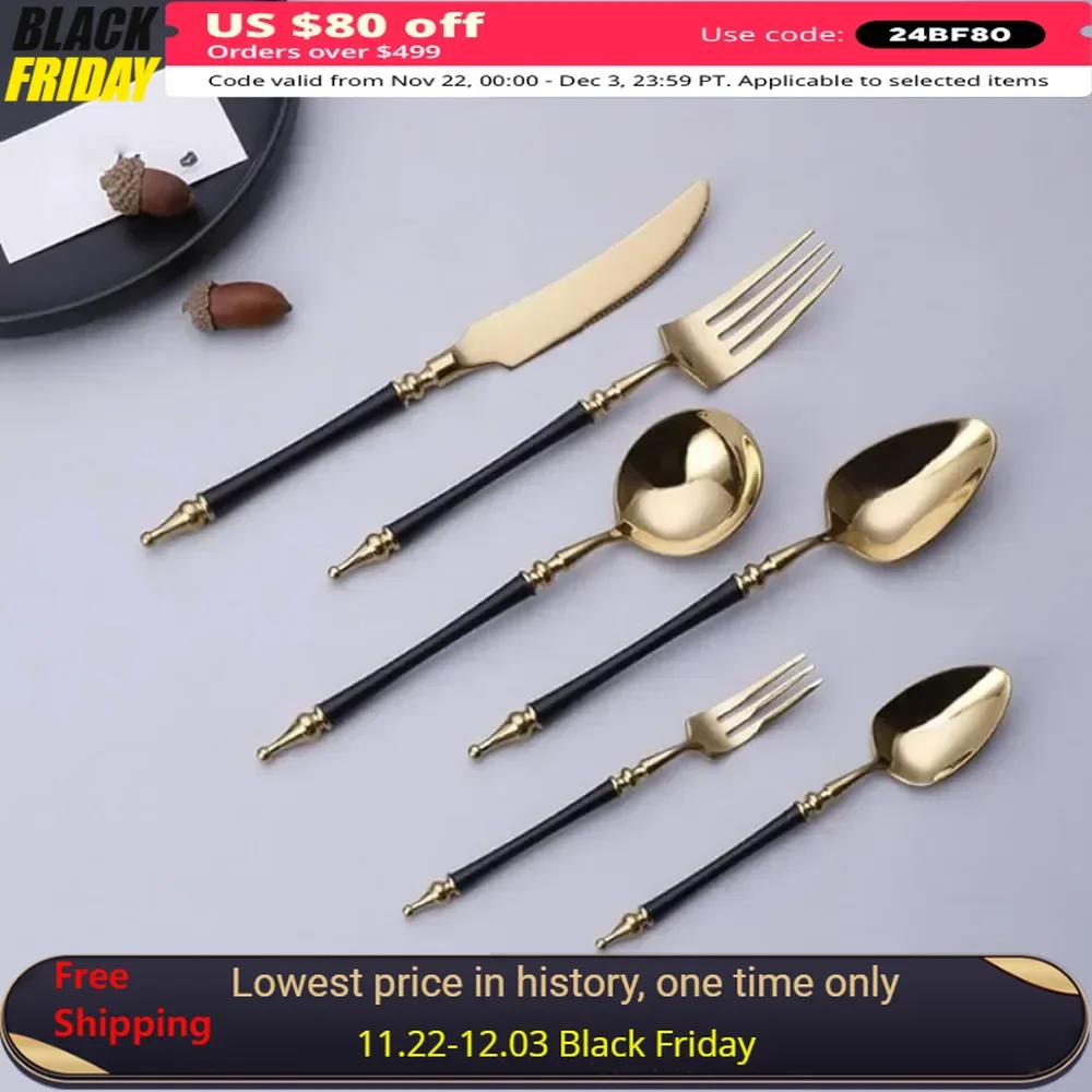 Black Silverware Set for 4 24-piece Flatware Stainless Steel Utensils Tableware Spoons and Forks Set Cutlery Spoon Gold Kitchen