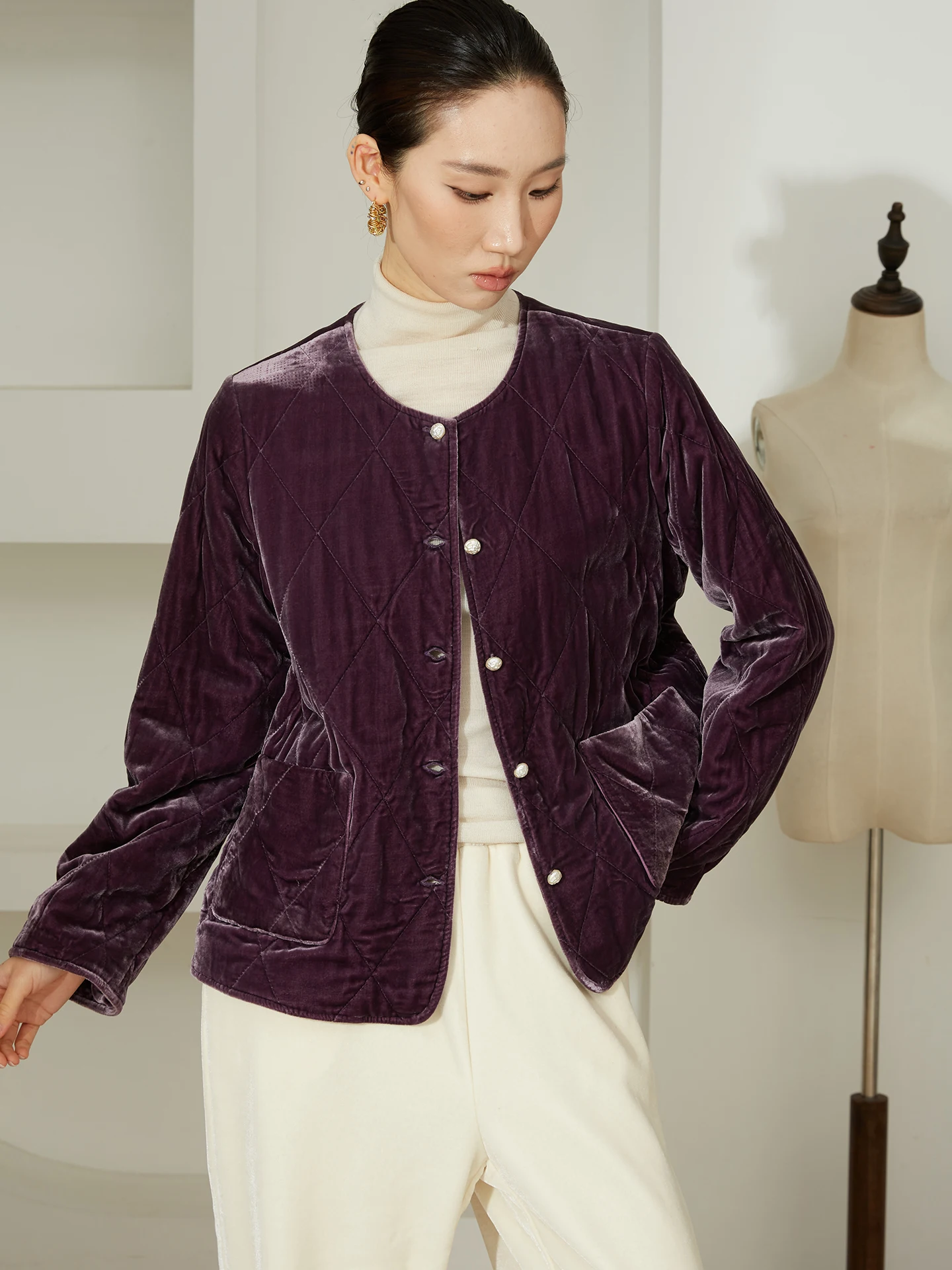 

Women's Silk Filled Velvet Jaet round Ne Cotton Padded Coat Traditional Chinese Sle Warm Cotton Clothing Long Sve