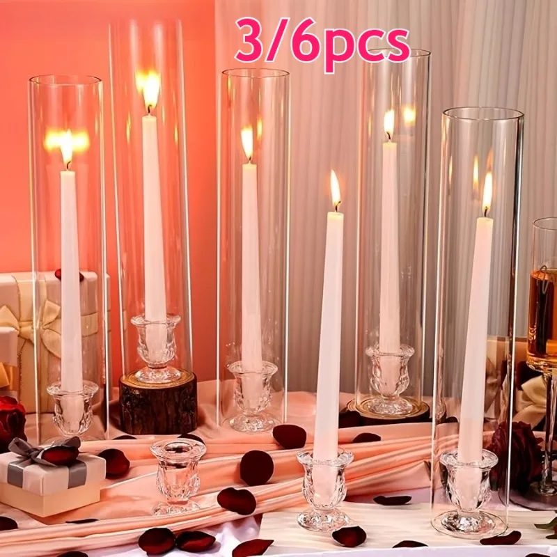 3er-/6er-Set Hurricane-Glas-Kerzenhalter für Stabkerzen mit winddichten Glasabdeckungen für Hochzeitstisch-Dekorationen und Heimdekoration