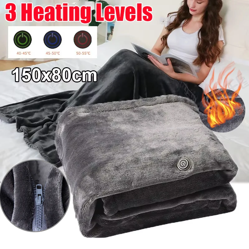 150x80cm USB Electric Heated Blanket 3 Heating Levels Body Warmer Blanket Portable Flannel Velvet Blanket for Household Office