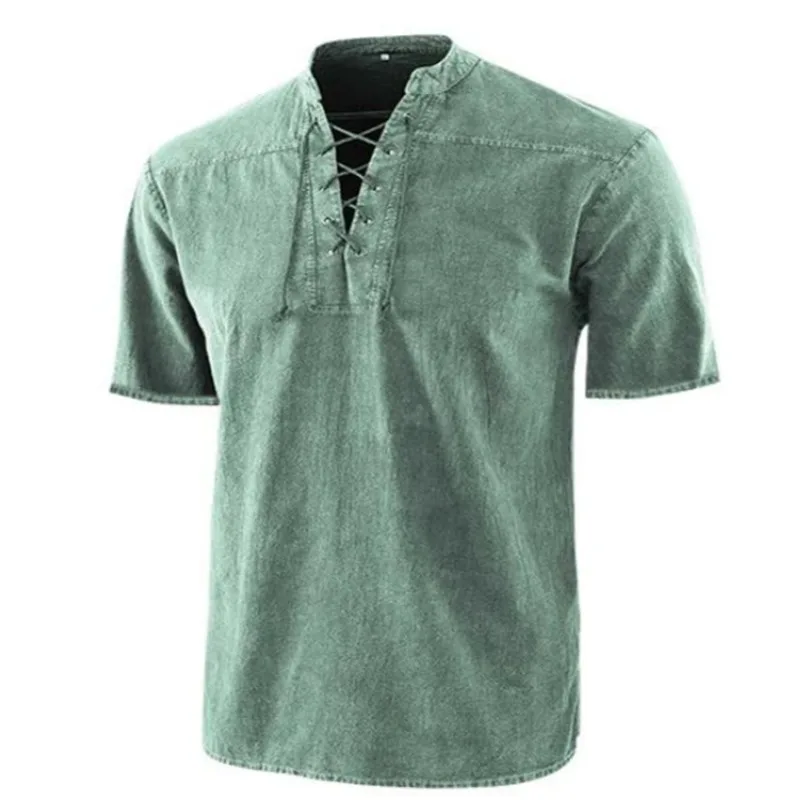 Men Short-sleeved Shirt Tops Collar Man's Clothing Lace-up Vintage Casual Vintage Chic Design Summer Solid Slim