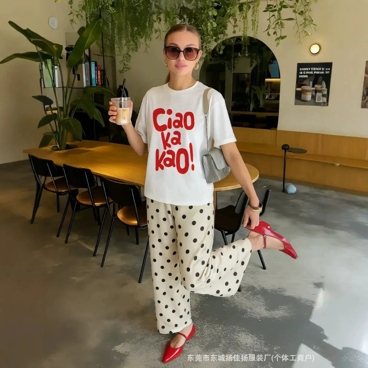 Italian Minimal White Oversized Tee Bold Bubble Red Ciao Ka Kao Hand Letter Front Print Soft Cotton Loose Women Street T Shirt