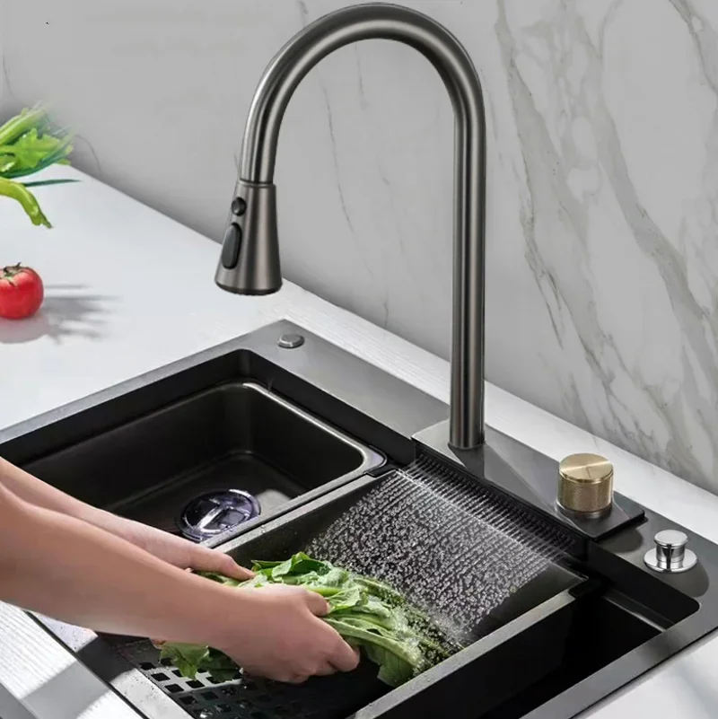 Wholesale Contemporary New Nano Black Kitchen Sink Pullout Faucet Waterfall Overmount RV Stainless Steel with Grey Modern Apartm