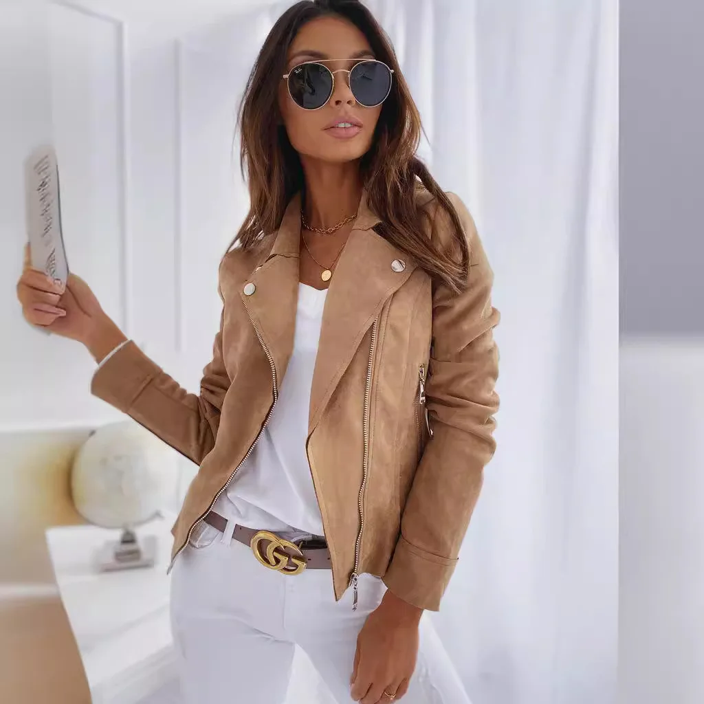 Autumn and Winter Popular Women's Leather Velvet Zipper Button Decorative Slim Casual Jacket