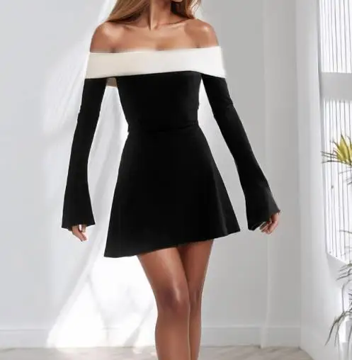 Moda 2025 clássico cor bloqueada em camadas peito envolto manga comprida vestido slim fit para mulheres, vestido elegante de um pescoço