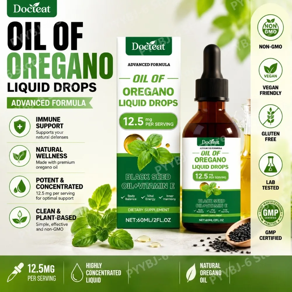 Oregano Oil Liquid Drops 60ml Black Seed Oil & Vitamin E Herbal Supplement Supports Wellness Energy & Digestive Balance