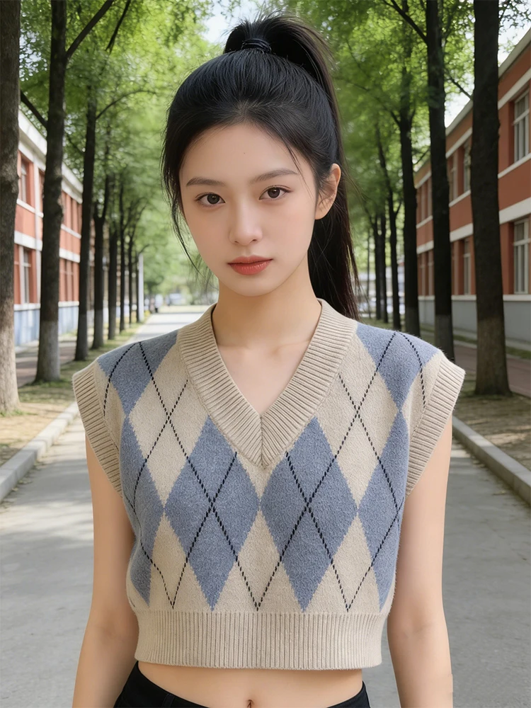 

SLTNX Autumn Fashion Women's Retro Plaid Sweater Vest Women's Vest Knitted Navel Shirt Women's Sleeveless Knitted Vest