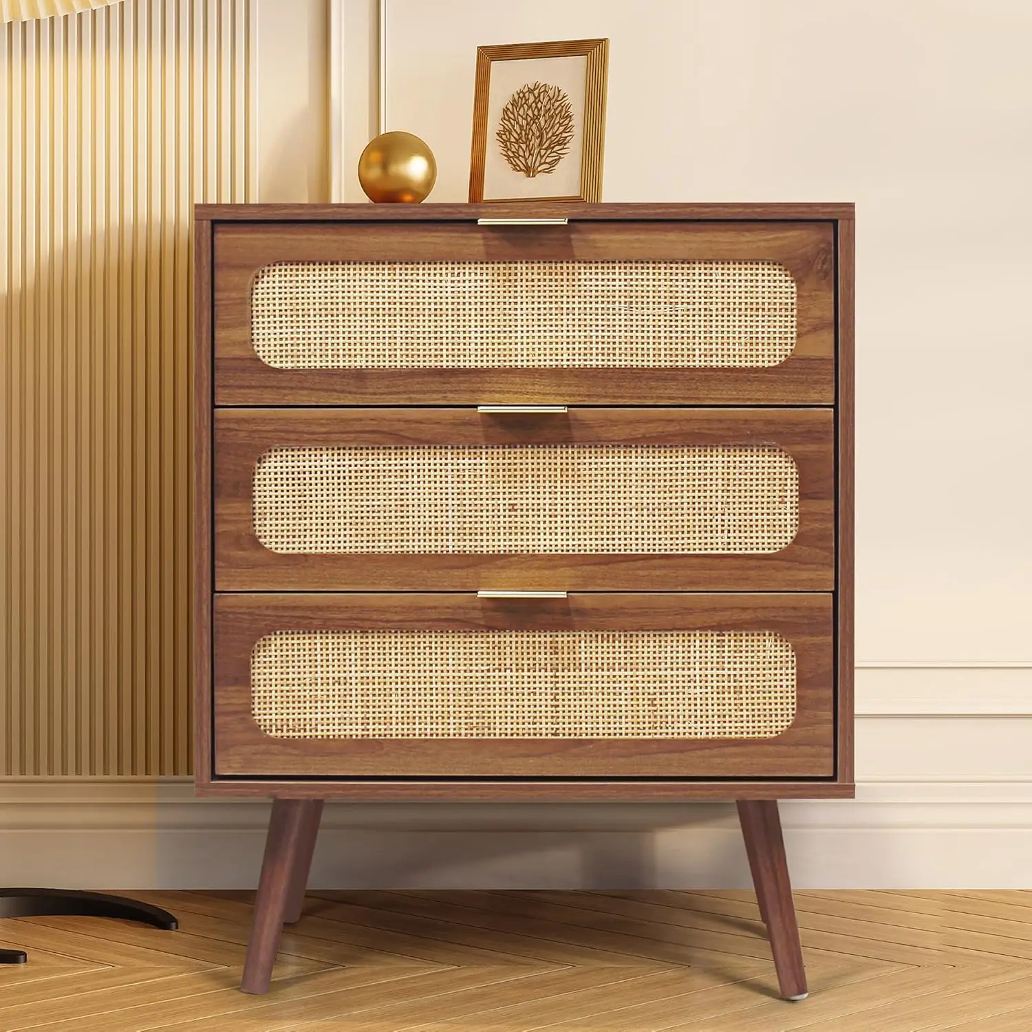 

Drawer Dresser, Rattan Chest of Drawers with 3 Drawers Dresser, Accent Storage Cabinet Modern Bedside Table