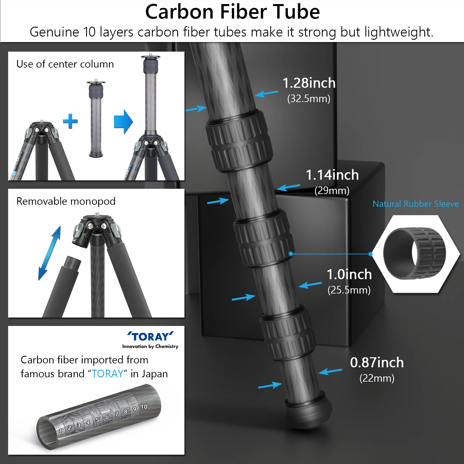 CS80C Professional Carbon Fiber Tripod for DSLR Camera Heavy Duty 32.5mm 10 Layers Tube Ultra Compact 206cm Max Luxury Quality