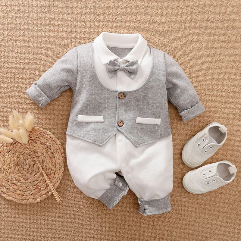 New Designer  Clothing White   gray Bow  waistcoat   baby  suit   100 cotton spring and fall long-sleeved baby onesies