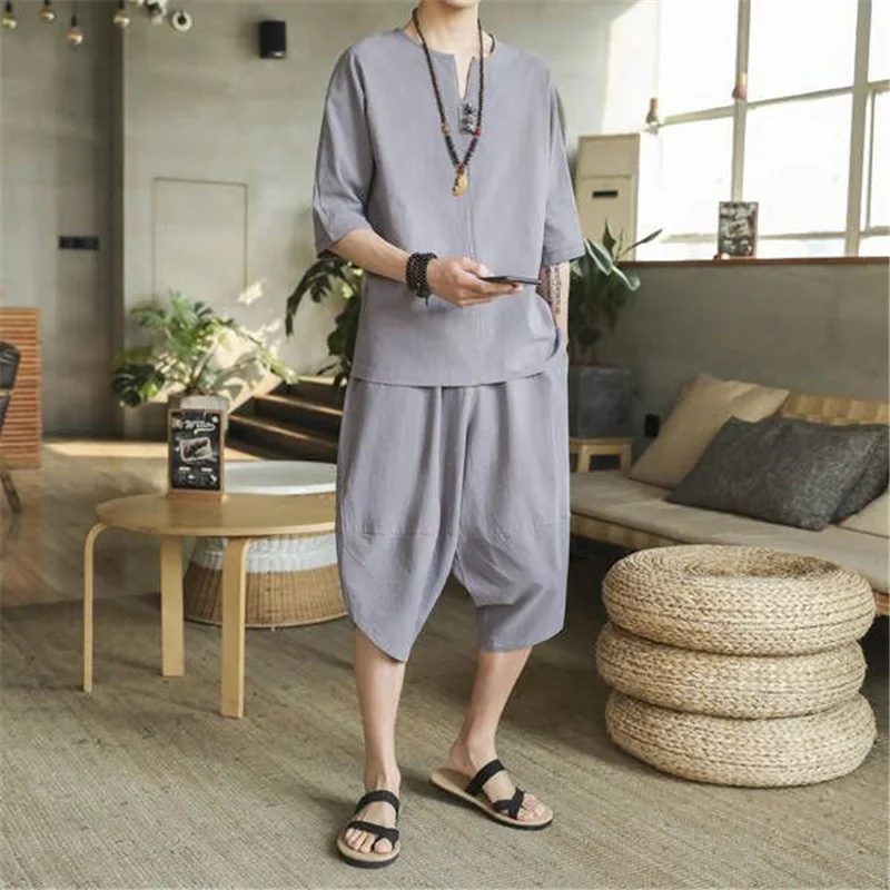 

2PCS Retro Chinese Traditional Man Clothing Set Linen Summer Half Sleeve V-neck T-shirt Solid Oriental Kung Fu Tang Suit