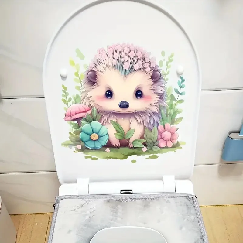 

Colorful Hedgehog & Floral Wall Decals PVC Bathroom Stickers, Easy Apply for Toilet Lid & Walls, CreativeToilet Stickers