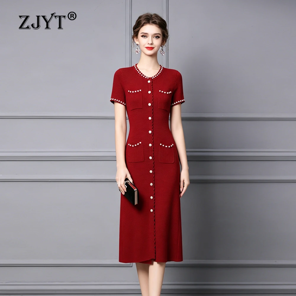 

ZJYT Summer New 2026 Elegant Midi Knitted Dresses Women Sweaters Pearls Beading Short Sleeve Single Breasted Party Red Dress