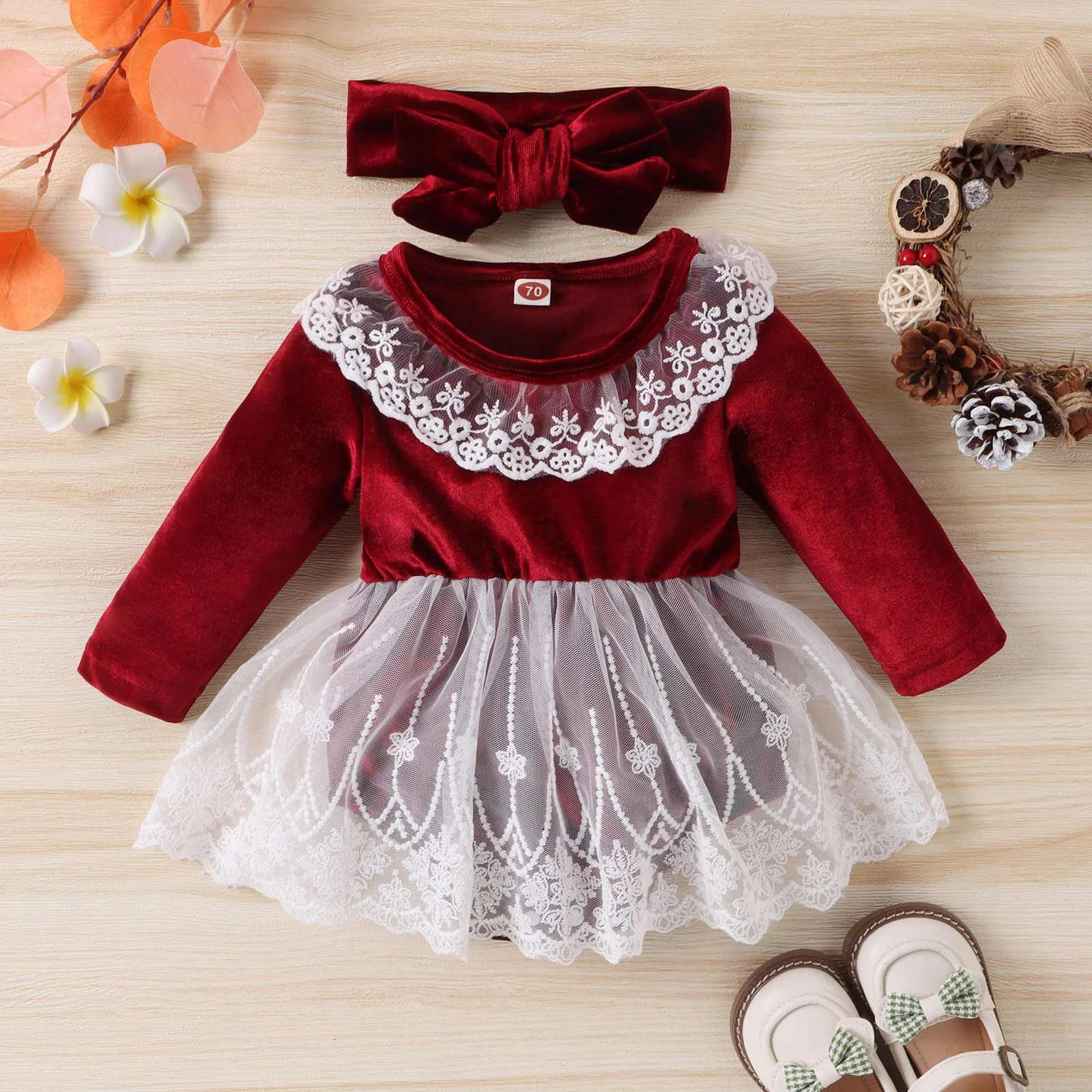 Toddler Baby Girls Christmas Costume Long Sleeve Velvet Romper Jumpsuit Lace Mesh Bodysuit with Headband for New Year Party