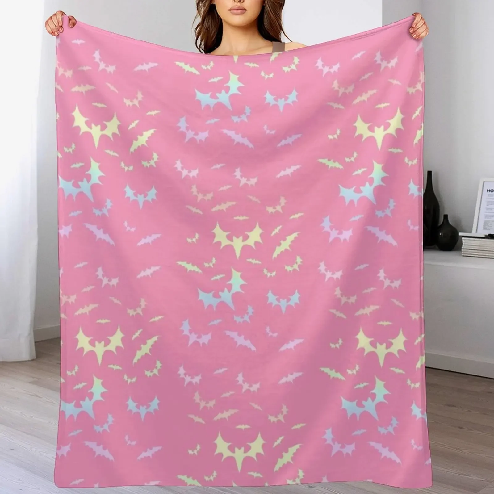 Pastel Rainbow Bats Throw Blanket Easy Care Comfortable Blanket for Couch