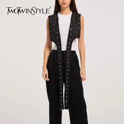 TWOTWINSTYLE Solid Patchwork Rivet Hollow Out Waistcoat For Women V Neck Sleeveless Designer Streetwear Waistcoats Female New