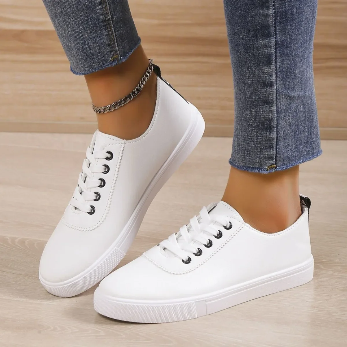 Sneakers Women Lace-up Shallow White Leather Shoes Versatile Soft Sole Running Walking Zapatos Student Campus