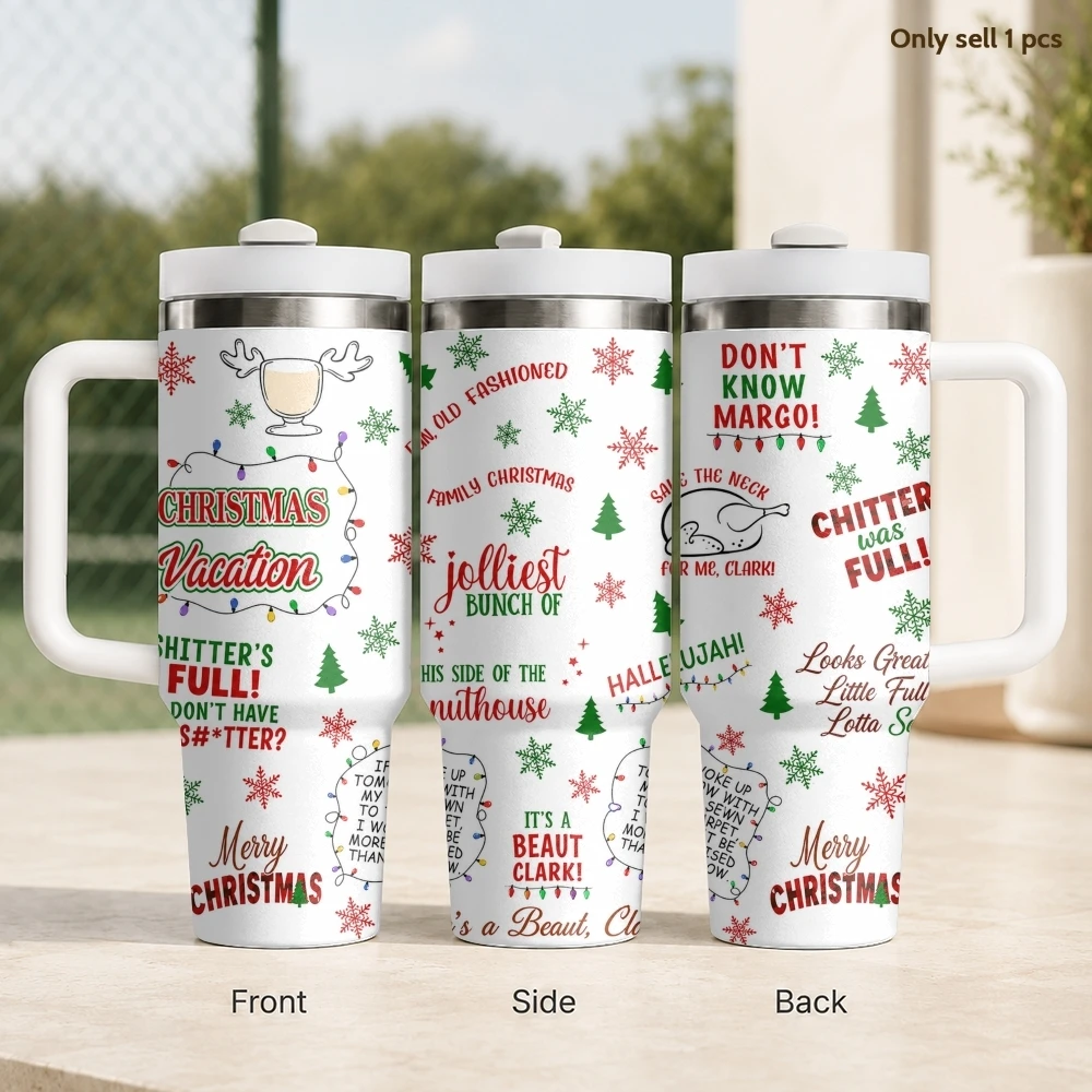 Christmas Vacation Quote Collage Vacuum Flasks 40oz Stainless Steel Insulated Tumbler With Handle & Straw Leakproof Travel Mug