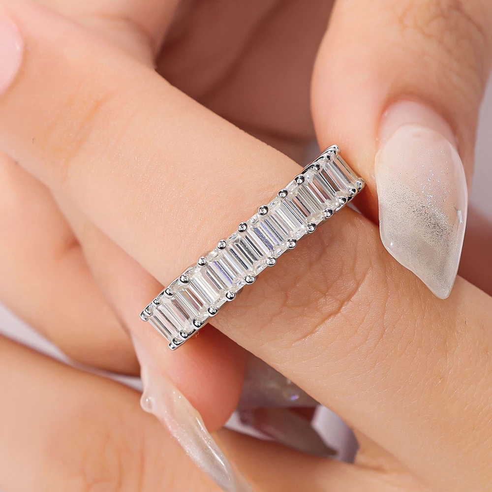 Rectangle Full Mossanite Ring 925 Sterling Silver Plated Gold 2*4mm Emerald Cut Diamond Rings Wedding Eternity Band For Women